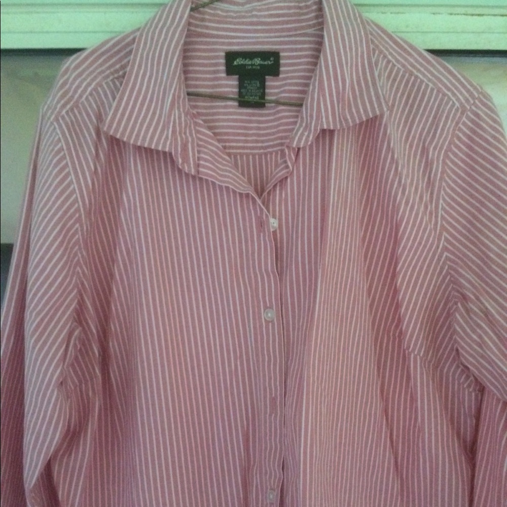 Eddie Bauer pink/white striped shirt, 3/4 sleeves